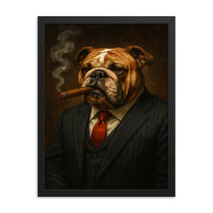English Bulldog in a pinstripe suit smoking a cigar framed print on a plain backdrop in size 18"x24".