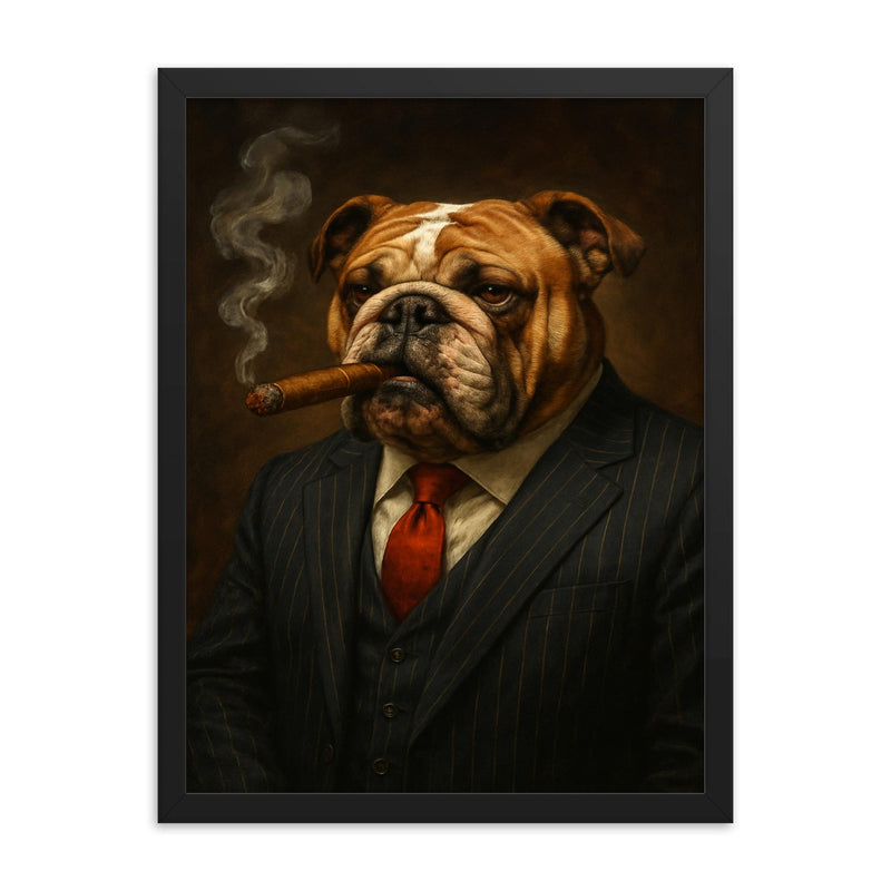 English Bulldog in a pinstripe suit smoking a cigar framed print on a plain backdrop in size 18