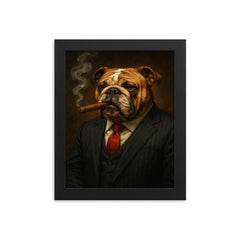 English Bulldog in a pinstripe suit smoking a cigar framed print on a plain backdrop in size 8"x10".