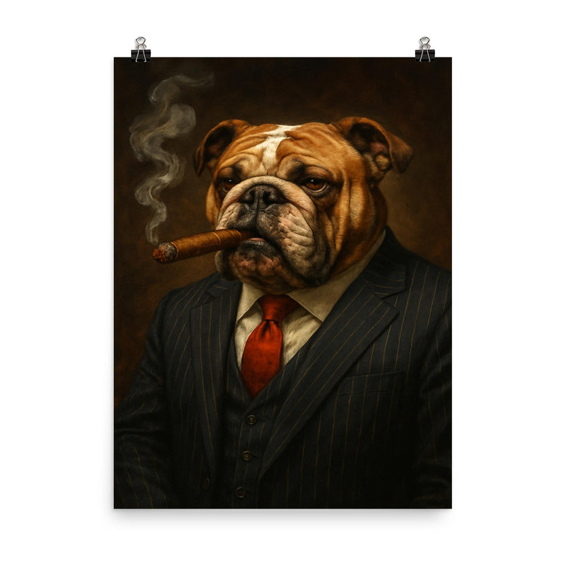 English Bulldog in a pinstripe suit smoking a cigar poster on a plain backdrop in size 8