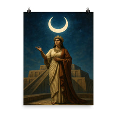 Enheduanna under moon god crescent on ziggurat terrace poster on a plain backdrop in size 8"x10".