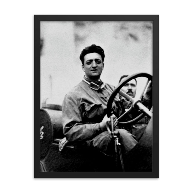 Enzo Ferrari framed print on a plain backdrop in size 18