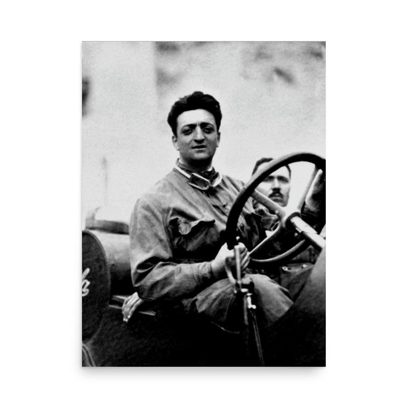 Enzo Ferrari poster on a plain backdrop in size 18