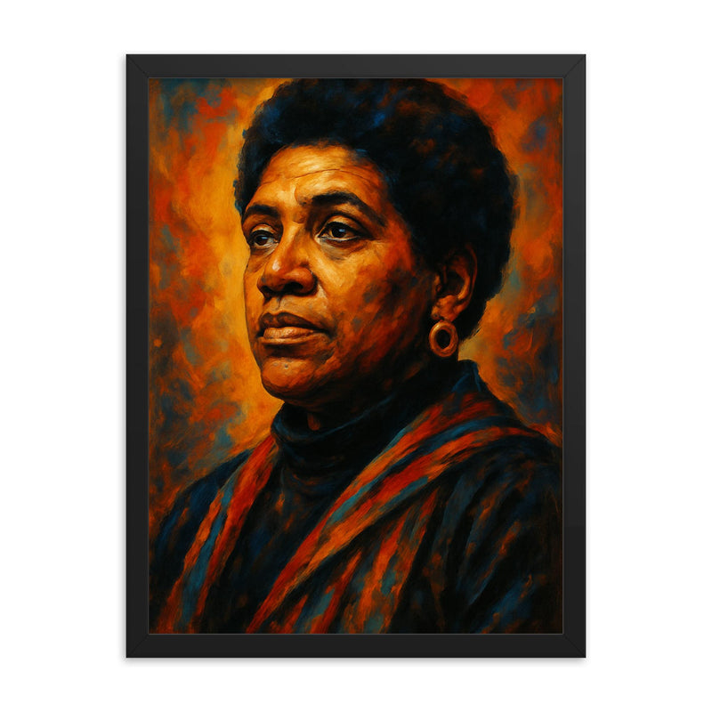 Epic Audre Lorde portrait framed print on a plain backdrop in size 18