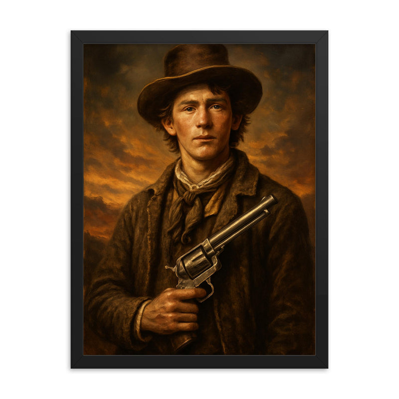 Epic Billy the Kid portrait framed print on a plain backdrop in size 18