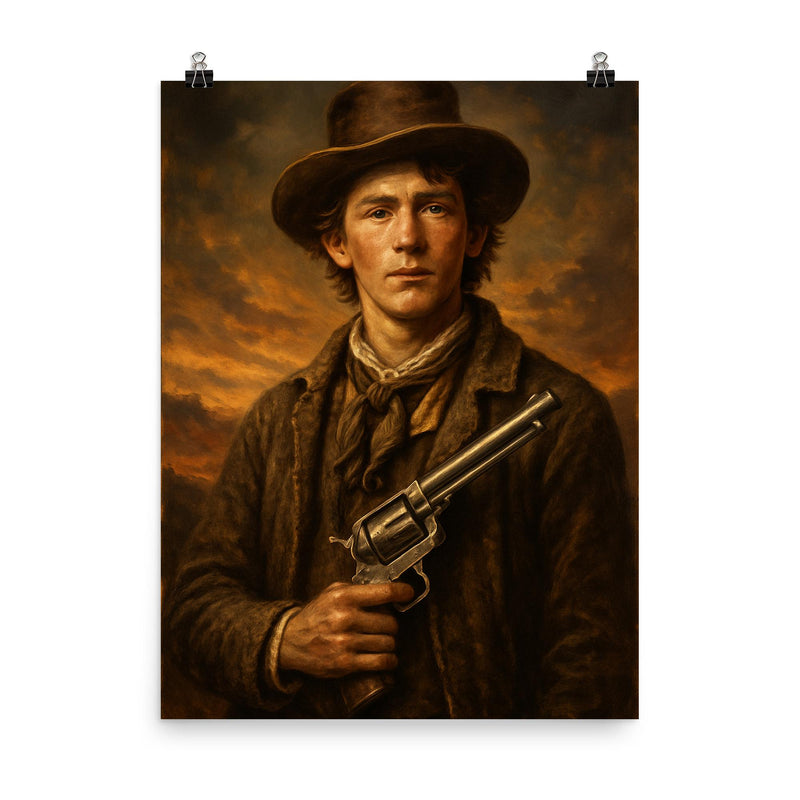 Epic Billy the Kid portrait poster on a plain backdrop in size 8