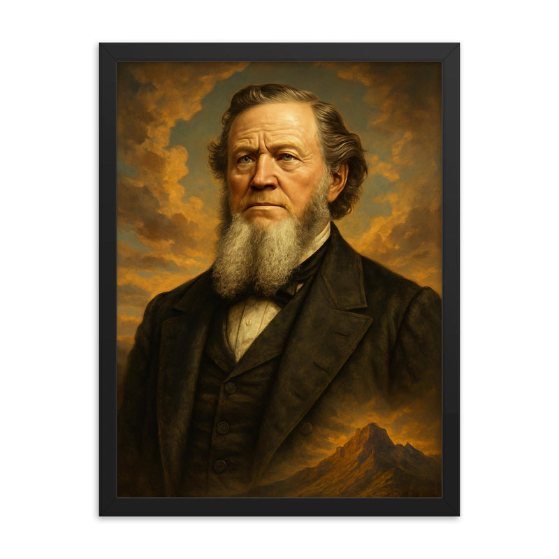 Epic Brigham Young portrait framed print on a plain backdrop in size 18
