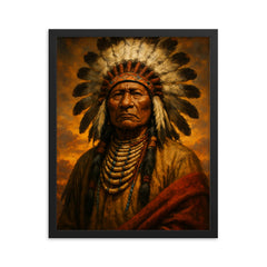 Epic Chief Standing Bear portrait framed print on a plain backdrop in size 16"x20".