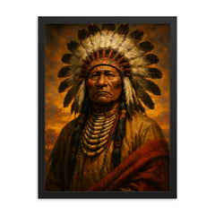Epic Chief Standing Bear portrait framed print on a plain backdrop in size 18"x24".