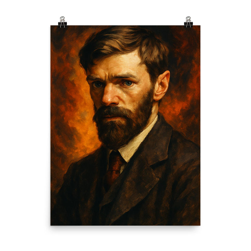 Epic D H Lawrence portrait poster on a plain backdrop in size 8