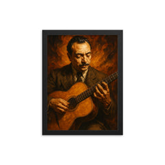 Epic Django Reinhardt portrait framed print on a plain backdrop in size 12"x16".