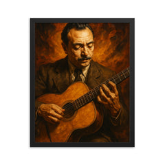 Epic Django Reinhardt portrait framed print on a plain backdrop in size 16"x20".