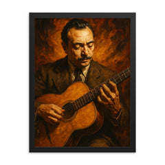 Epic Django Reinhardt portrait framed print on a plain backdrop in size 18"x24".
