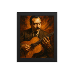 Epic Django Reinhardt portrait framed print on a plain backdrop in size 8"x10".