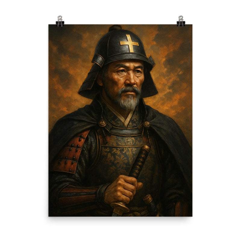 Epic Dom Justo Takayama portrait poster on a plain backdrop in size 8