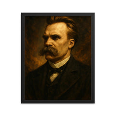 Epic Friedrich Nietzsche portrait framed print on a plain backdrop in size 16"x20".