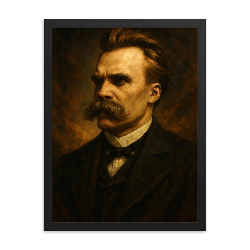 Epic Friedrich Nietzsche portrait framed print on a plain backdrop in size 18