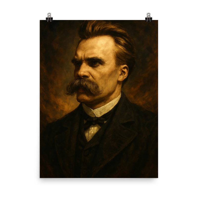 Epic Friedrich Nietzsche portrait poster on a plain backdrop in size 8