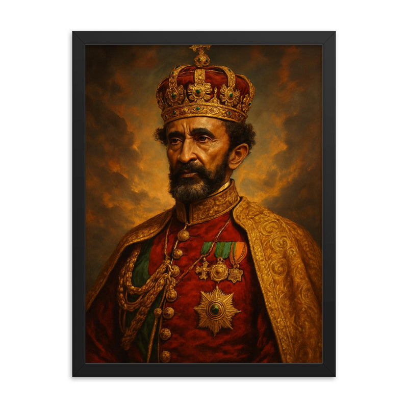 Epic Haile Selassie portrait framed print on a plain backdrop in size 18