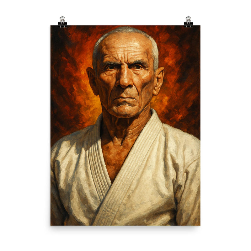 Epic Helio Gracie portrait poster on a plain backdrop in size 8