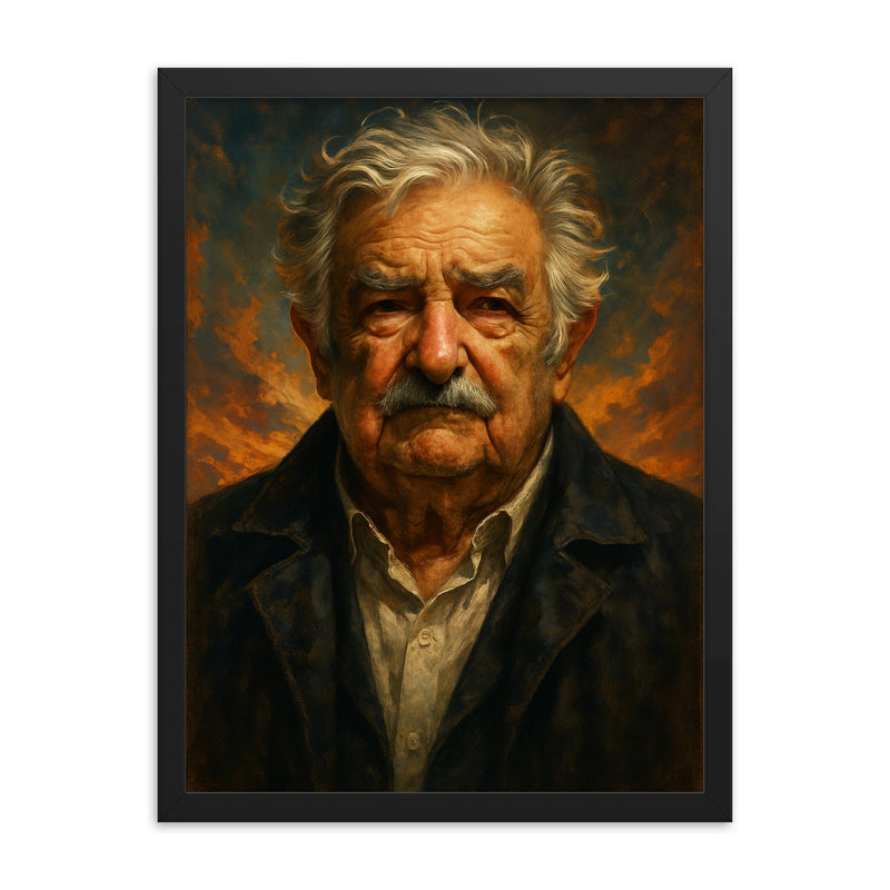 Epic Jose Mujica portrait framed print on a plain backdrop in size 18