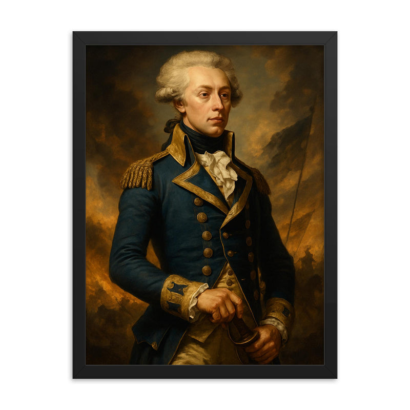 Epic Marquis de Lafayette portrait framed print on a plain backdrop in size 18