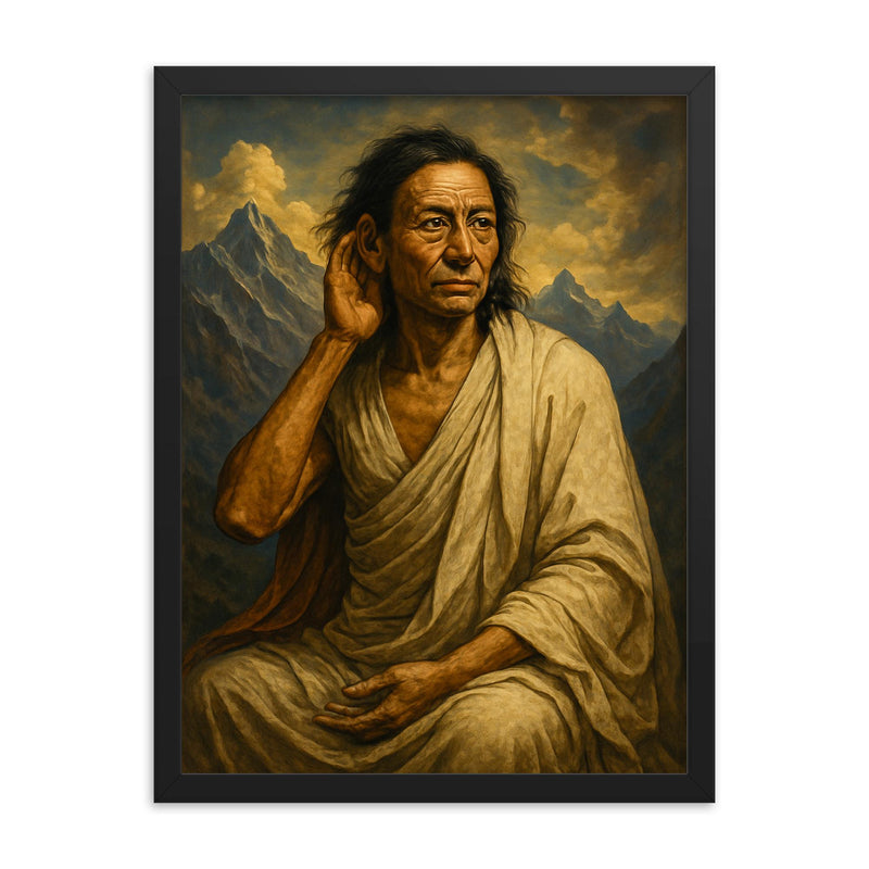 Epic Milarepa portrait framed print on a plain backdrop in size 18