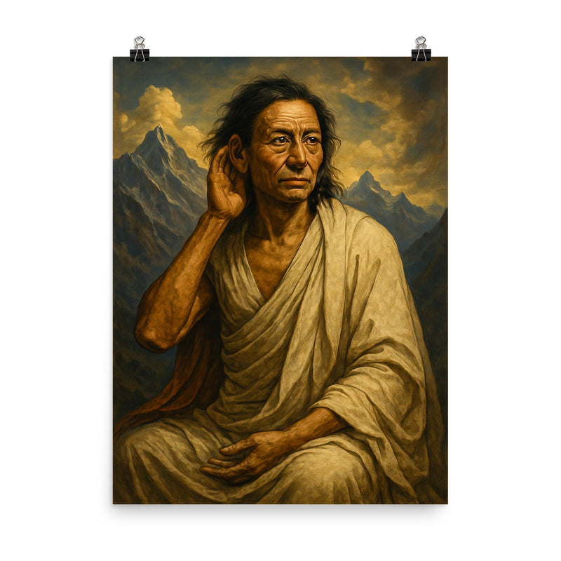 Epic Milarepa portrait poster on a plain backdrop in size 8