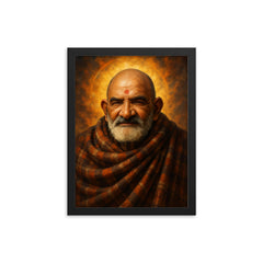 Epic Neem Karoli Baba portrait framed print on a plain backdrop in size 12"x16".