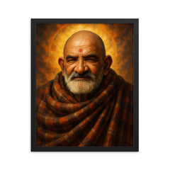 Epic Neem Karoli Baba portrait framed print on a plain backdrop in size 16"x20".