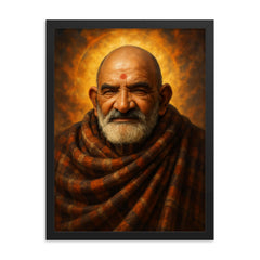 Epic Neem Karoli Baba portrait framed print on a plain backdrop in size 18"x24".