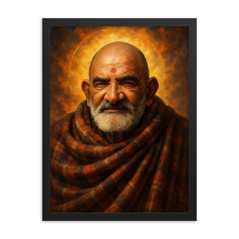 Epic Neem Karoli Baba portrait framed print on a plain backdrop in size 18