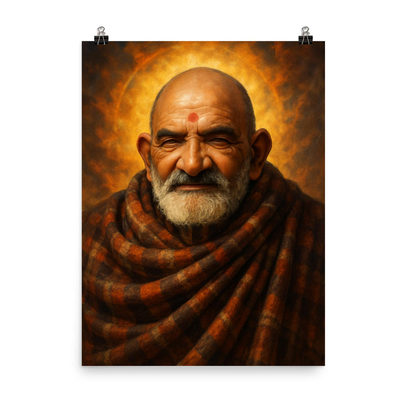 Epic Neem Karoli Baba portrait poster on a plain backdrop in size 8