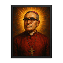 Epic Oscar Romero portrait framed print on a plain backdrop in size 18"x24".