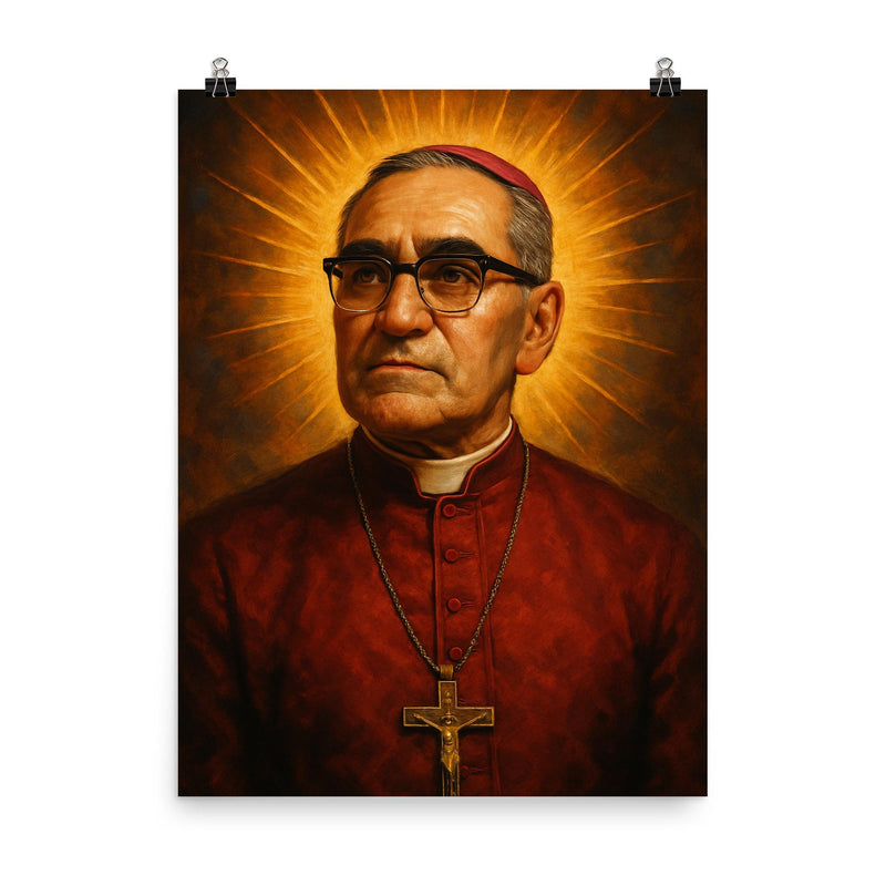 Epic Oscar Romero portrait poster on a plain backdrop in size 8