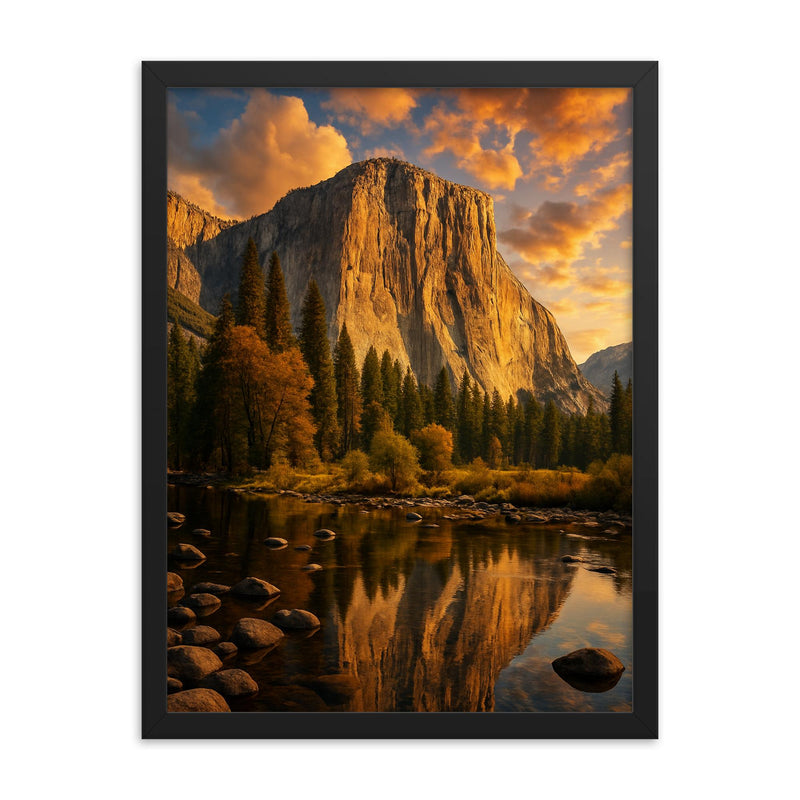 Epic picture of El Capitan Yosemite framed print on a plain backdrop in size 18