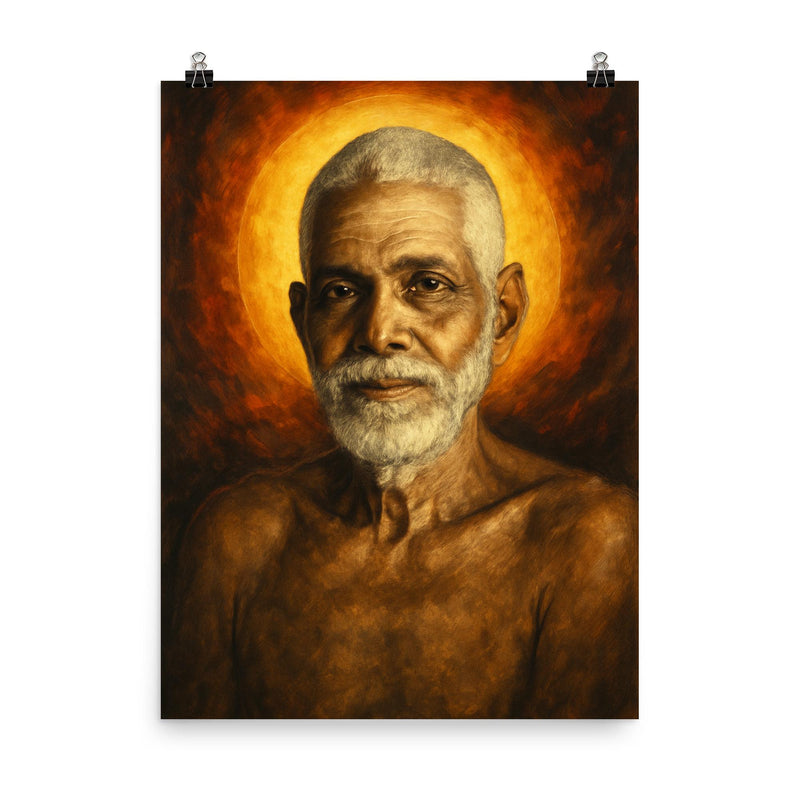 Epic Ramana Maharshi portrait poster on a plain backdrop in size 8