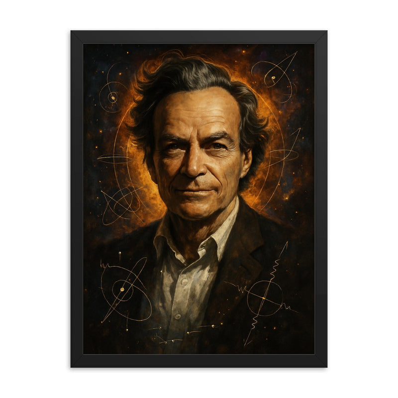 Epic Richard Feynman portrait framed print on a plain backdrop in size 18