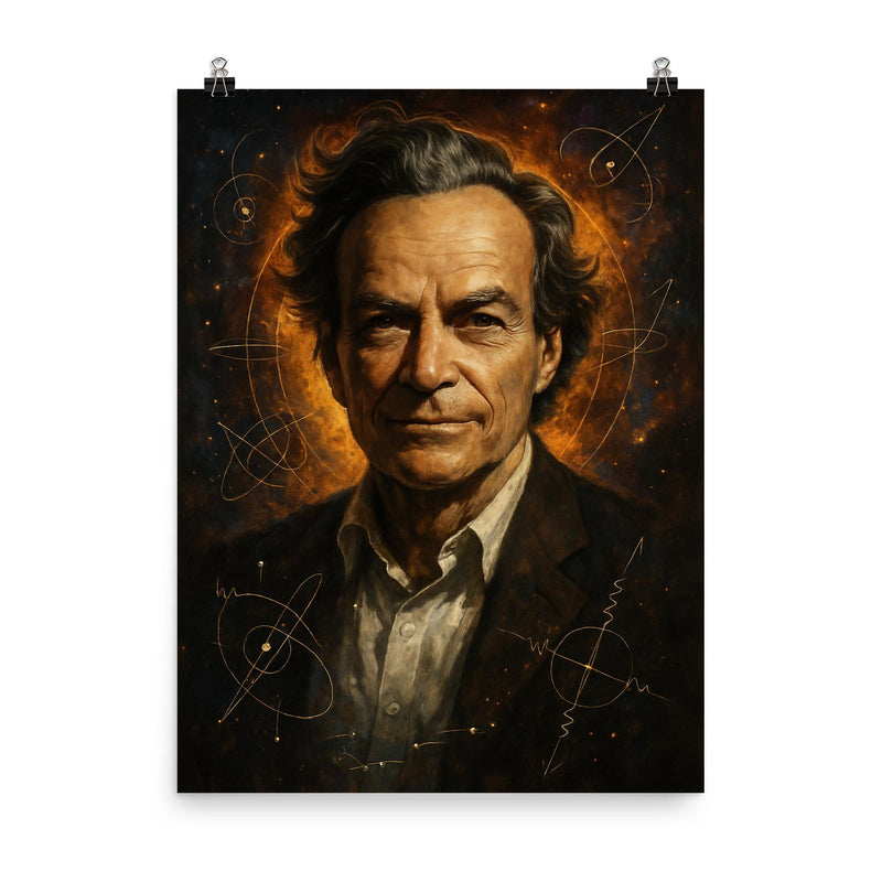 Epic Richard Feynman portrait poster on a plain backdrop in size 8