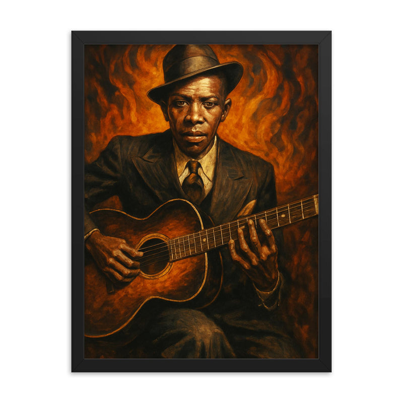 Epic Robert Johnson portrait framed print on a plain backdrop in size 18