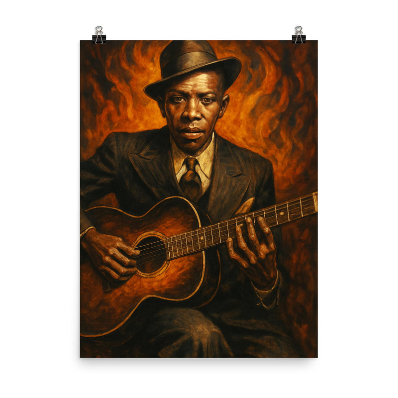 Epic Robert Johnson portrait poster on a plain backdrop in size 8