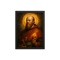 Epic Saint Francis de Sales portrait framed print on a plain backdrop in size 12"x16".