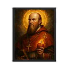 Epic Saint Francis de Sales portrait framed print on a plain backdrop in size 16"x20".