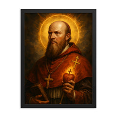 Epic Saint Francis de Sales portrait framed print on a plain backdrop in size 18"x24".