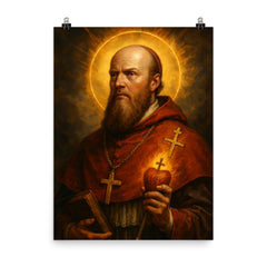 Epic Saint Francis de Sales portrait poster on a plain backdrop in size 8"x10".