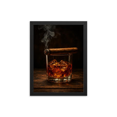 Epic smoky whiskey glass and cigar framed print on a plain backdrop in size 12"x16".