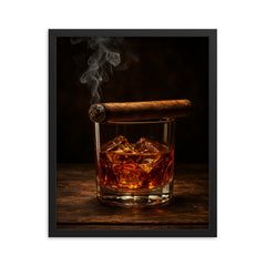 Epic smoky whiskey glass and cigar framed print on a plain backdrop in size 16"x20".