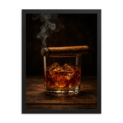 Epic smoky whiskey glass and cigar framed print on a plain backdrop in size 18"x24".