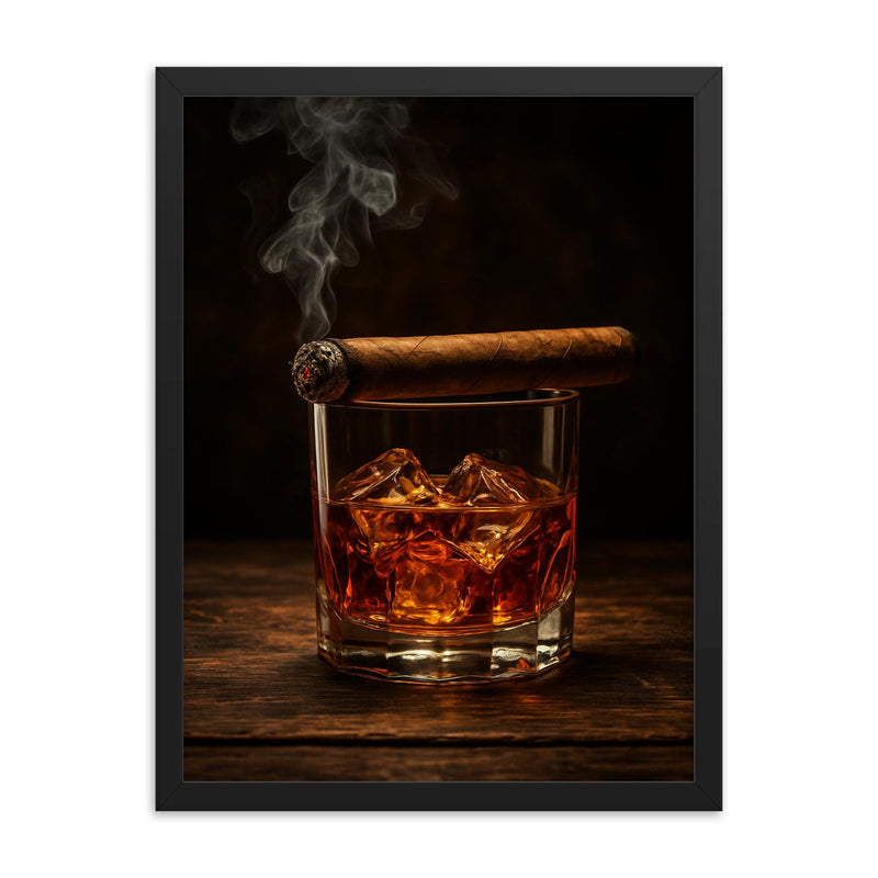 Epic smoky whiskey glass and cigar framed print on a plain backdrop in size 18