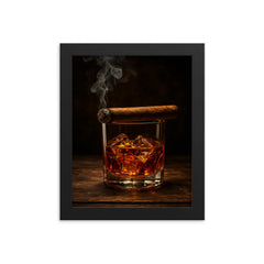 Epic smoky whiskey glass and cigar framed print on a plain backdrop in size 8"x10".
